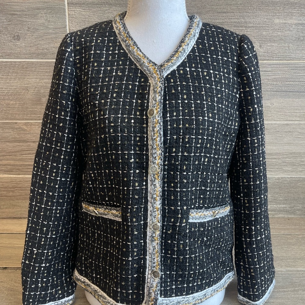CHANEL FRANCE 17P WOOL BLEND METALLIC CHECK BLACK TWEED JACKET FR 38